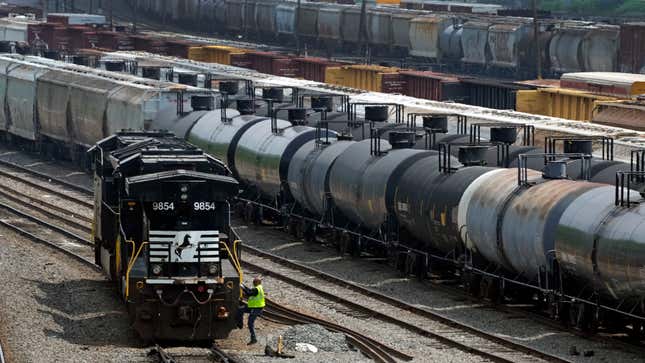 FILE - Norfolk Southern locomotives are moved in Norfolk Southern&#39;s Conway Terminal, June 17, 2023, in Conway, Pa. Norfolk Southern has installed the first of what will be more than a dozen automated inspection portals on its tracks in Ohio — not far from where one of its trains derailed in February and spilled hazardous chemicals that caught fire. (AP Photo/Gene J. Puskar, File)