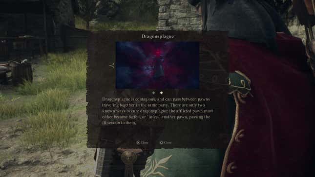 A dialogue box warning players about Dragonsplague in Dragon's Dogma 2