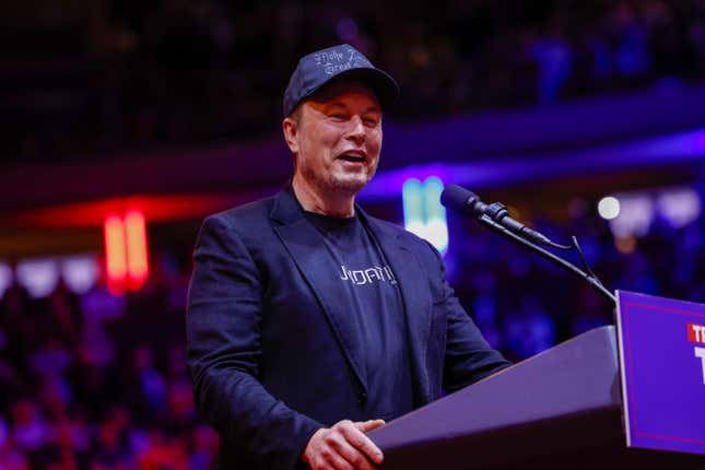 Elon Musk speaks during a campaign rally for Republican presidential nominee, former U.S. President Donald Trump at Madison Square Garden on October 27, 2024 in New York City.