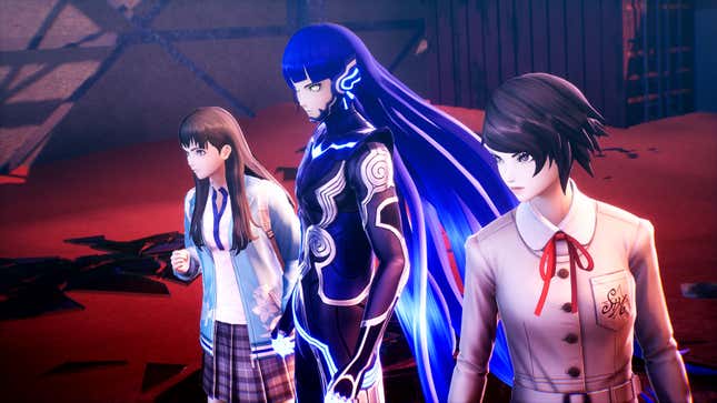 A boy with long flowing blue hair wearing glowing armor stares intently at something off screen. Two girls with brown hair wearing school uniforms stand by his side.