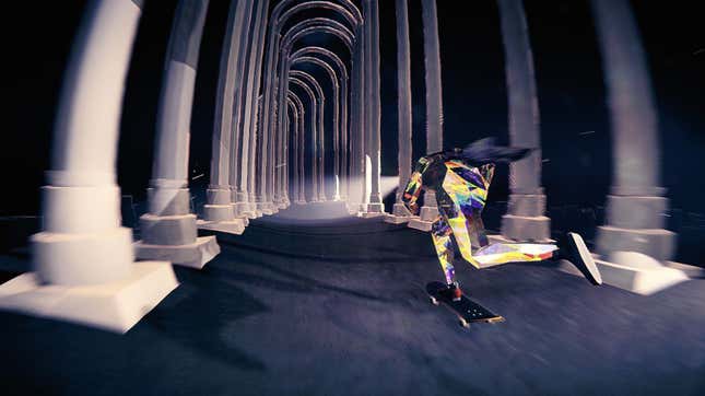 A glass skater glides through a series of arches