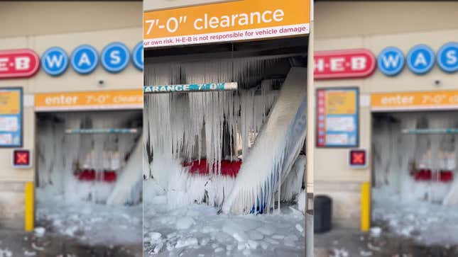 Frozen H-E-B car wash in Texas