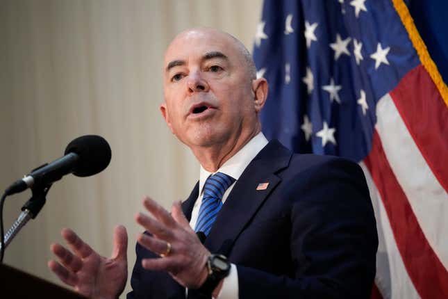 U.S. Homeland Security Secretary Alejandro Mayorkas speaks during a news conference at the National Press Club on September 9, 2021, in Washington, DC. 