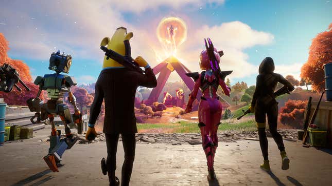 Fortnite characters march toward the Cube Queen in an illustration for Chapter Two's ending event. 