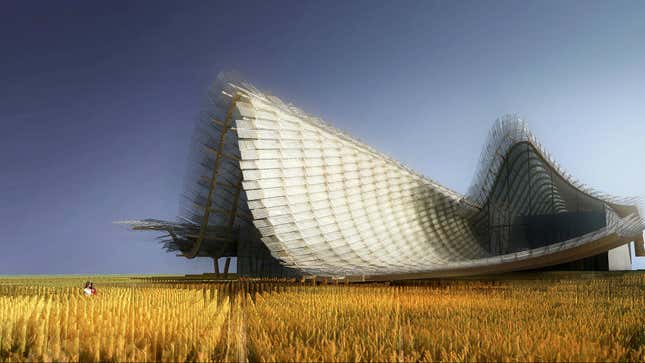 “Beneath the roof, the building’s ground plane is defined by a landscape of wheat… This natural landscape transitions seamlessly into an LED multimedia installation in the center that forms the centerpiece of the building’s exhibition program.