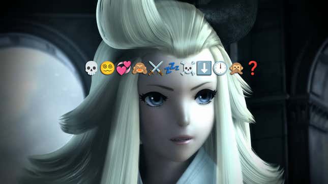 A protagonist looks off camera while a series of emojis similar to status effects are displayed over her forehead.