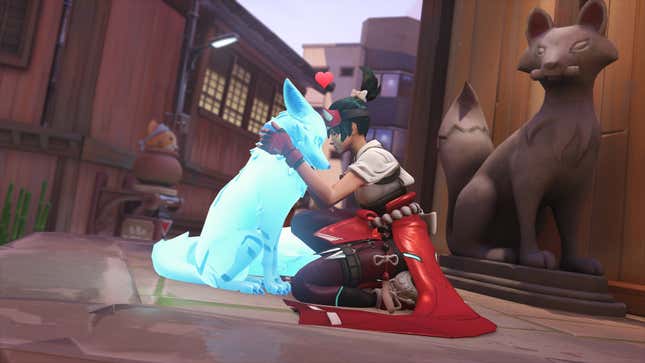 An Overwatch character hugs her dog.