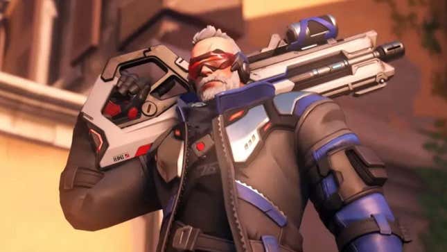 Soldier: 76 holds his gun over his shoulder.