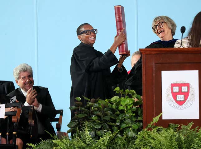 Cambridge, MA - September 29: Claudine Gay on stage in Harvard Yard. She was formally inaugurated as Harvard University’s 30th president. On right is Drew Gilpin Faust, the 28th president of Harvard. 