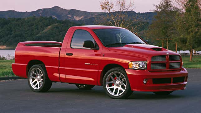 A red 2004 Dodge Ram SRT-10.