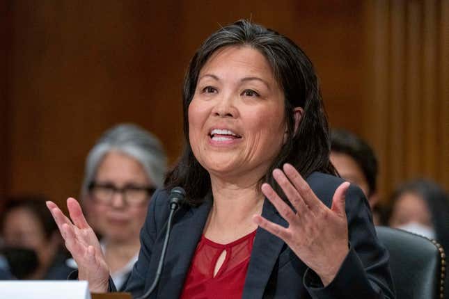 FILE - Julie Su speaks during a Senate Health, Education, Labor and Pensions confirmation hearing for her to be the Labor Secretary, on Capitol Hill, April 20, 2023, in Washington. The Labor Department moved Tuesday to better protect miners from poisonous silica dust that has contributed to the premature deaths of thousands of mine workers from a respiratory disease commonly known as “black lung.” (AP Photo/Alex Brandon, File)