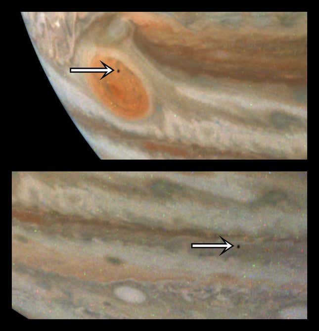 Image for article titled Mysterious Moon Photobombs Jupiter&#39;s Great Red Spot in Latest Juno Image