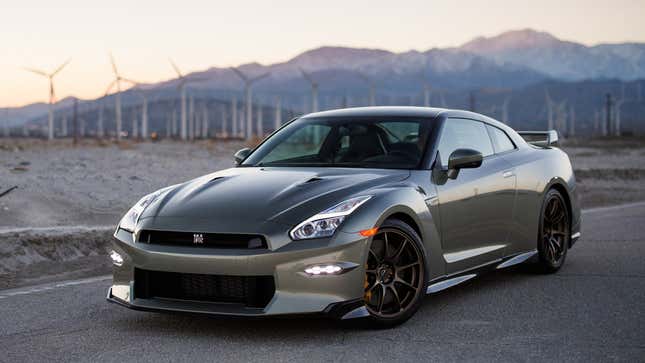 A photo of a beige Nissan GT-R sport car. 