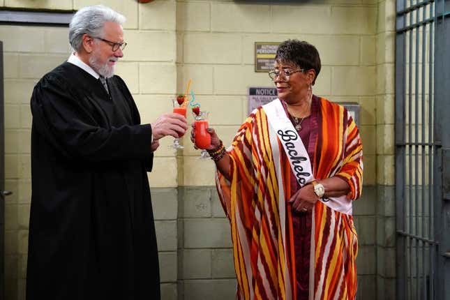 This image released by NBC shows John Larroquette as Dan Fielding, left, and Marsha Warfield as Roz in a scene from the &quot;Night Court&quot; episode entitled &quot;The Roz Affair.&quot; (Nicole Weingart/NBC via AP)