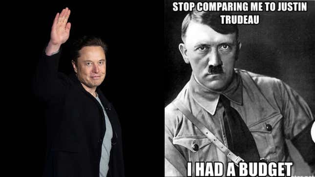 Elon Musk at SpaceX’s Starbase facility in South Texas on February 10, 2022 (left) and the Hitler meme that Musk tweeted on Thursday (right)