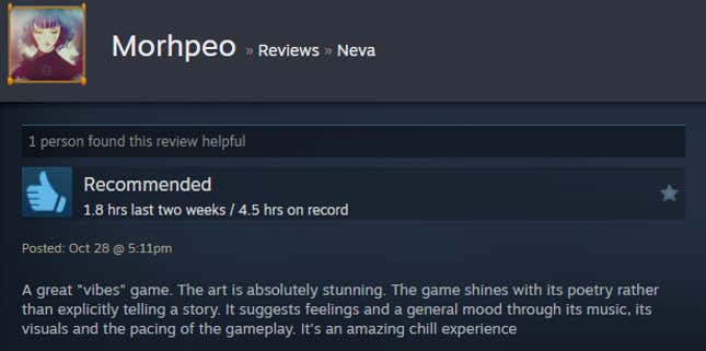 A screenshot shows a Steam user review from Neva.