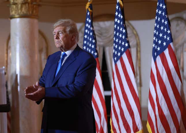 PALM BEACH, FLORIDA - NOVEMBER 08: Former U.S. President Donald Trump speaks during an election night event at Mar-a-Lago on November 08, 2022, in Palm Beach, Florida. Trump addressed his supporters as the nation awaits the midterm elections results. 