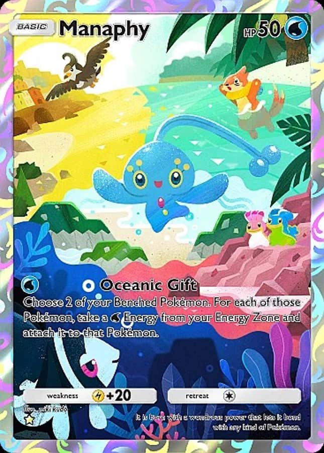 Manaphy is shown floating above a beach with different water-type Pokemon shown in and around the water.