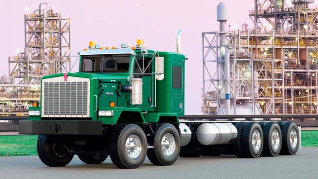 A photo of a green Semi truck.  