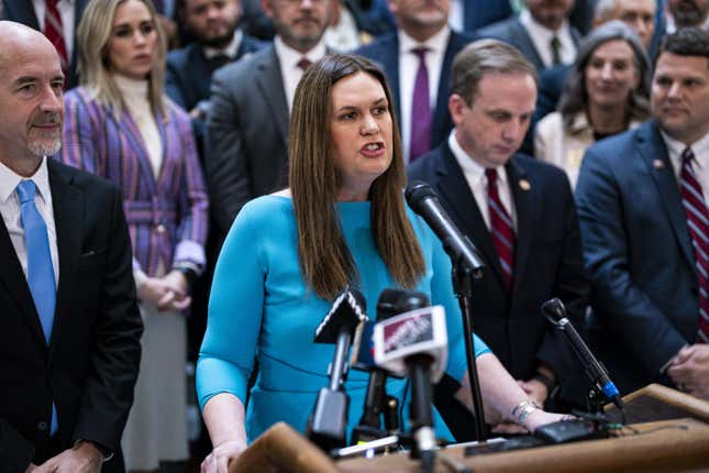 Sarah Huckabee Sanders, governor of Arkansas, speaks while unveiling the Arkansas LEARNS education bill at the Arkansas State Capitol in Little Rock, Arkansas, US, on Wednesday, Feb. 8, 2023. Sanders said Americans are “under attack in a left-wing culture war” in the Republican response to the State of the Union on Tuesday, drawing on themes pushed by Donald Trump in his third run for the White House. 