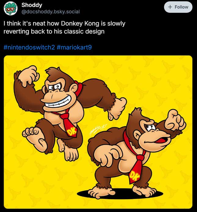 A Bluesky post reads "I think it's neat how Donkey Kong is slowly reverting back to his classic design."