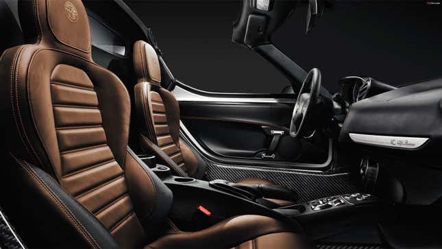 A photo of the brown leather seats inside an Alfa Romeo 4C. 