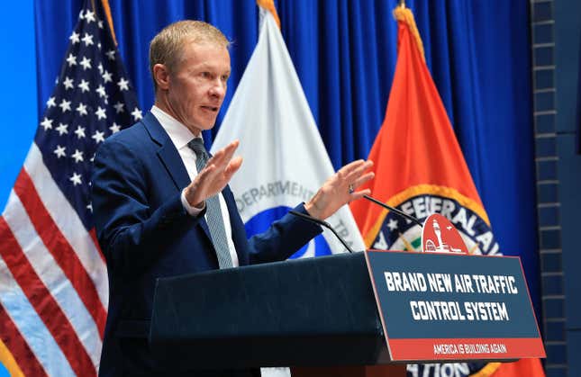 United Airlines CEO Scott Kirby speaks at an event announcing a new U.S. air traffic control system at the Department of Transportation on May 08, 2025 in Washington, DC.