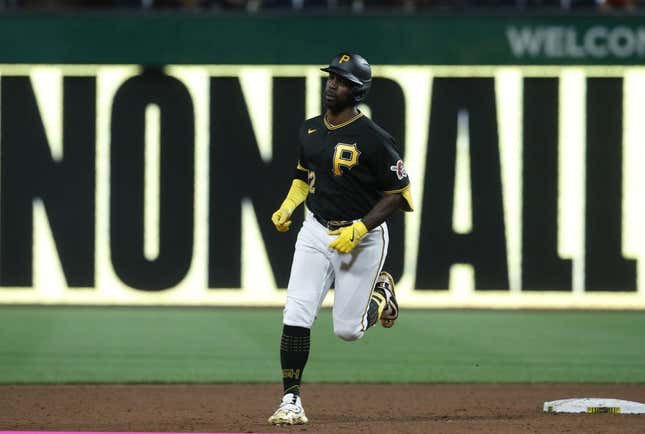 Aug 22, 2023; Pittsburgh, Pennsylvania, USA; Pittsburgh Pirates designated hitter Andrew McCutchen (22) circles the bases on a two run home run against the St. Louis Cardinals during the fifth inning at PNC Park.
