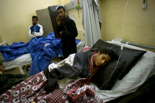Abdallah Abdel Nasser, 14, receives medical treatment at Suez Canal University hospital in Ismailia, Egypt, Friday, Nov. 24, 2017, after he was in injured during an attack on a mosque. Militants attacked a crowded mosque during Friday prayers in the Sinai Peninsula, setting off explosives, spraying worshippers with gunfire and killing more than 200 people in the deadliest ever attack by Islamic extremists in Egypt.