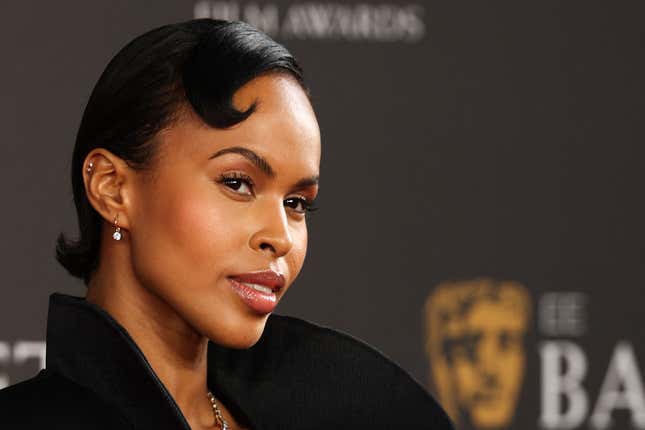 Sabrina Dhowre Elba poses on the red carpet upon arrival at the BAFTA British Academy Film Awards at the Royal Festival Hall, Southbank Centre, in London, on February 18, 2024.