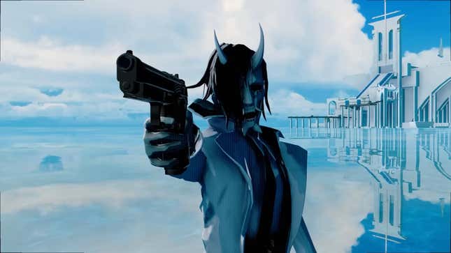 A screenshot of a Neon White trailer showing the eponymous character pointing a handgun in Heaven.