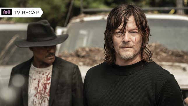 Daryl, in a black sweater, barrels the camera while Gabriel, in a black hat and blood-spattered t-shirt, looks to the left.