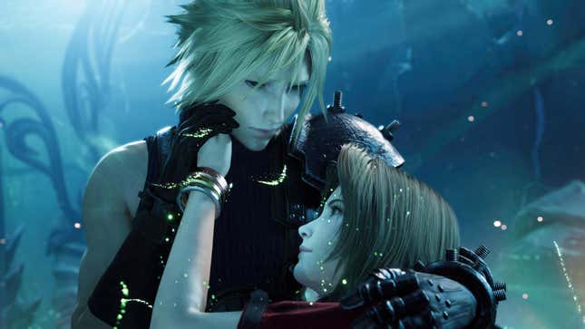 Cloud holds Aerith as she dies.