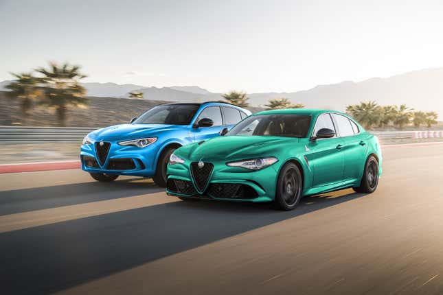 A green Alfa Romeo Guilia and a blue Alfa Romeo Stelvio.