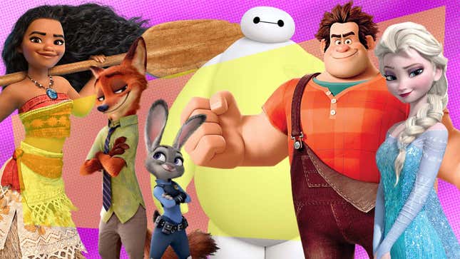 Renders of Moana, Nick, Judy, Baymax, Ralph, and Elsa are shown against a pink and orange background.