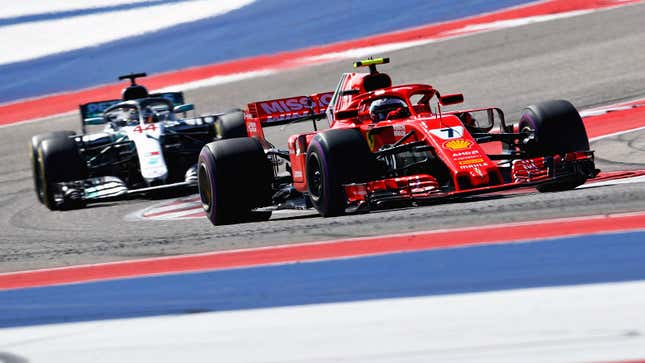 Kimi Räikkönen, then driving for Ferrari, leads the 2018 United States Grand Prix at the Circuit Of The Americas ahead of Mercedes’s Lewis Hamilton. Räikkönen would go on to win that race.