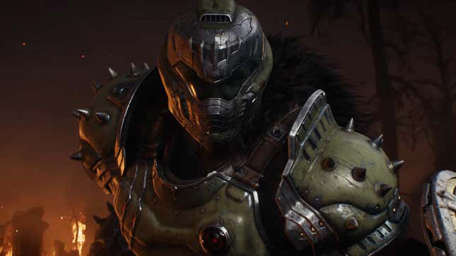 A screenshot shows the Doom Slayer with a shield. 