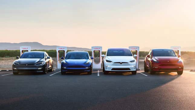 Tesla entire model lineup plugged into chargers.