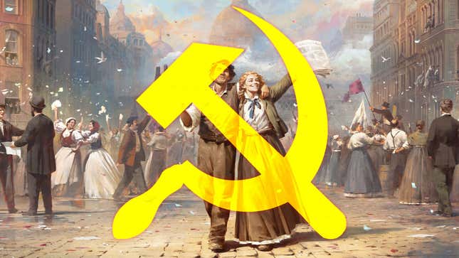 A hammer and sickle is overlaid over some workers celebrating in the street.