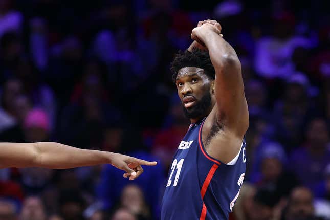 PHILADELPHIA, PENNSYLVANIA - NOVEMBER 21: Joel Embiid #21 of the Philadelphia 76ers reacts during the second quarter against the Cleveland Cavaliers at the Wells Fargo Center on November 21, 2023 in Philadelphia, Pennsylvania. NOTE TO USER: User expressly acknowledges and agrees that, by downloading and or using this photograph, User is consenting to the terms and conditions of the Getty Images License Agreement. (Photo by Tim Nwachukwu/Getty Images)