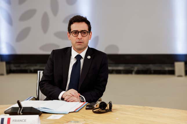 French Foreign Minister Stephane Sejourne attends a meeting on the second day of a G7 foreign ministers meeting on Capri island, Italy, Thursday April 18, 2024. (Remo Casilli/Pool via AP)