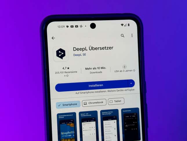 DeepL Translator app in the Play Store can be seen on a Google Pixel 8 Pro