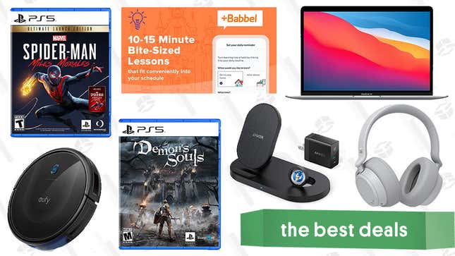 Image for article titled Wednesday&#39;s Best Deals: Babbel Lifetime Subscription, MacBook Air, Surface Headphones, Spider-Man: Miles Morales, Demon&#39;s Souls, Eufy RoboVac 11S MAX, and More