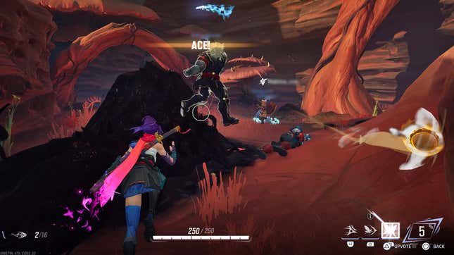 Psylocke runs toward her team during a match, with “Ace!” displayed at the top of the screen.