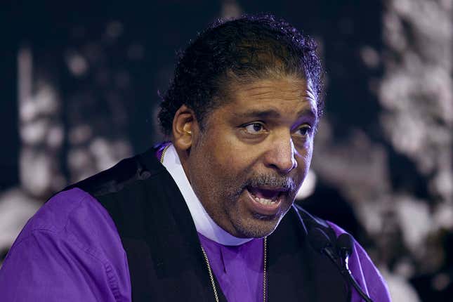 FILE - William Barber, Founding Director, Repairers Of The Breach &amp; The Yale Center For Public Theology And Public Policy speaks during the Clinton Global Initiative, Tuesday, Sept. 19, 2023 in New York. Barber was escorted by police out of a North Carolina movie theater, Tuesday, Dec. 26, 2023, after he insisted on using his own chair for medical reasons, prompting an apology from the nation&#39;s largest movie theater chain. (AP Photo/Andres Kudacki, File)