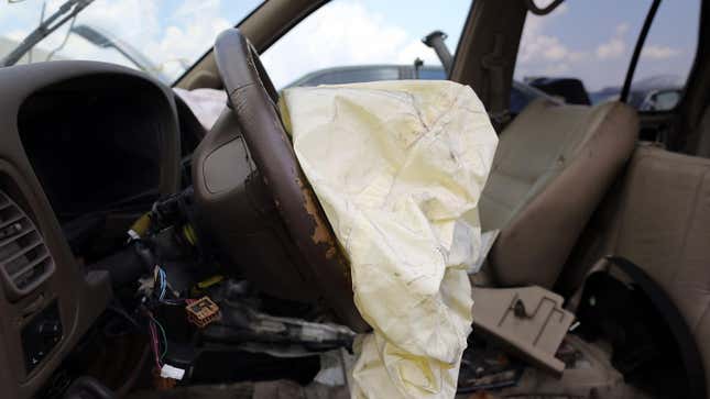 A deployed airbag is seen in a Nissan vehicle at the LKQ Pick Your Part salvage yard on May 22, 2015 in Medley, Florida.