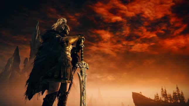 A screenshot of a trailer for Shadow of the Erdtree showing a character holding their sword in a downward position while staring in the distance. 