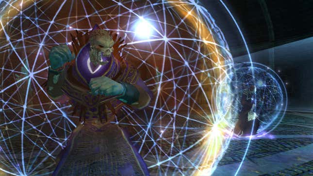A skeleton stands, robed, in front of a giant ball of magic.