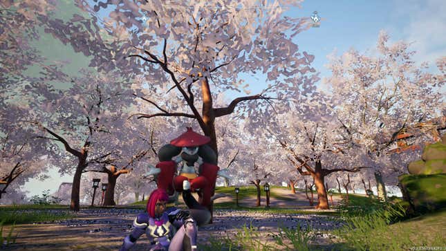 A player character and a Pal rest in the shade of a cherry blossom tree.