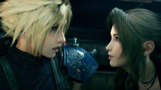 Cloud and Aerith lean into each other in the Final Fantasy VII remake.